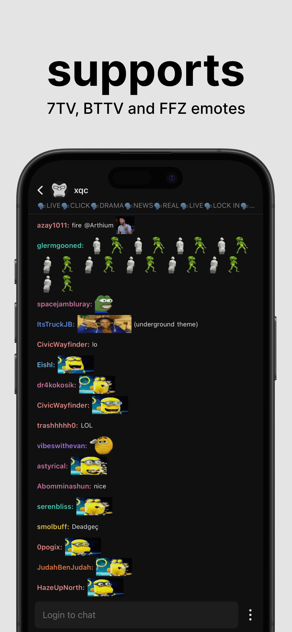 Supports FTV, BTTV and FFZ emotes